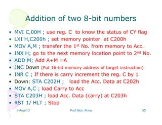 Addition of two 8Addition of two 8--bit numbersbit numbers
• MVI C,00H ; use reg. C to know the status of CY flag
• LXI H,C200h ; set memory pointer at C200h
• MOV A,M ; transfer the 1st No. from memory to Acc.
• INX H; go to the next memory location point to 2nd No.
• ADD M; Add A+M =A
• JNC Down (Put 16-bit memory address of target instruction)
• INR C ; If there is carry increment the reg. C by 1
• Down: STA C202H ; load the Acc. Data at C202h
• MOV A,C ; load Carry to Acc
• STA C203H ; load Acc. Data (carry) at C203h
• RST 1/ HLT ; Stop
1-Aug-13 Prof.Nitin Ahire 55
 