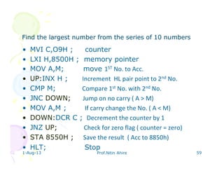 Find the largest number from the series of 10 numbersFind the largest number from the series of 10 numbers
• MVI C,O9H ; counter
• LXI H,8500H ; memory pointer
• MOV A,M; move 1ST No. to Acc.
• UP:INX H ; Increment HL pair point to 2nd No.
• CMP M; Compare 1st No. with 2nd No.
• JNC DOWN; Jump on no carry ( A > M)
• MOV A,M ; If carry change the No. ( A < M)
• DOWN:DCR C ; Decrement the counter by 1
• JNZ UP; Check for zero flag ( counter = zero)
• STA 8550H ; Save the result ( Acc to 8850h)
• HLT; Stop
1-Aug-13 Prof.Nitin Ahire 59
 