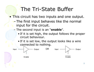 7
The TriThe Tri--State BufferState Buffer
• This circuit has two inputs and one output.
– The first input behaves like the normal
input for the circuit.
– The second input is an “enable”.
• If it is set high, the output follows the proper
circuit behaviour.
• If it is set low, the output looks like a wire
connected to nothing.
Input Output
Enable
Input Output
Enable
OR
 