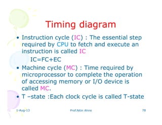 1-Aug-13 Prof.Nitin Ahire 78
Timing diagramTiming diagram
• Instruction cycle (IC) : The essential step
required by CPU to fetch and execute an
instruction is called IC
IC=FC+EC
• Machine cycle (MC) : Time required by
microprocessor to complete the operation
of accessing memory or I/O device is
called MC.
• T –state :Each clock cycle is called T-state
 