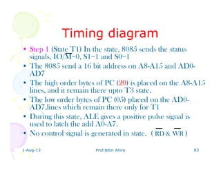 1-Aug-13 Prof.Nitin Ahire 83
Timing diagramTiming diagram
• Step 1 (State T1) In the state, 8085 sends the status
signals, IO/M=0, S1=1 and S0=1
• The 8085 send a 16 bit address on A8-A15 and AD0-
AD7
• The high order bytes of PC (20) is placed on the A8-A15
lines, and it remain there upto T3 state.
• The low order bytes of PC (05) placed on the AD0-
AD7,lines which remain there only for T1
• During this state, ALE gives a positive pulse signal is
used to latch the add A0-A7.
• No control signal is generated in state. ( RD & WR )
 