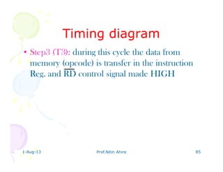 1-Aug-13 Prof.Nitin Ahire 85
Timing diagramTiming diagram
• Step3 (T3): during this cycle the data from
memory (opcode) is transfer in the instruction
Reg. and RD control signal made HIGH
 