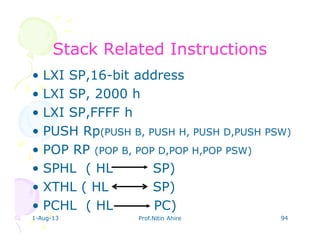 1-Aug-13 Prof.Nitin Ahire 94
Stack Related InstructionsStack Related Instructions
• LXI SP,16-bit address
• LXI SP, 2000 h
• LXI SP,FFFF h
• PUSH Rp(PUSH B, PUSH H, PUSH D,PUSH PSW)
• POP RP (POP B, POP D,POP H,POP PSW)
• SPHL ( HL SP)
• XTHL ( HL SP)
• PCHL ( HL PC)
 
