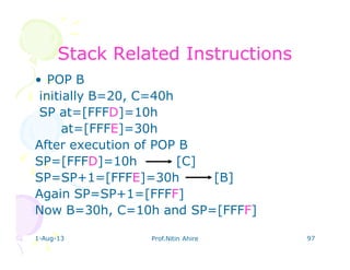 1-Aug-13 Prof.Nitin Ahire 97
Stack Related InstructionsStack Related Instructions
• POP B
initially B=20, C=40h
SP at=[FFFD]=10h
at=[FFFE]=30h
After execution of POP B
SP=[FFFD]=10h [C]
SP=SP+1=[FFFE]=30h [B]
Again SP=SP+1=[FFFF]
Now B=30h, C=10h and SP=[FFFF]
 