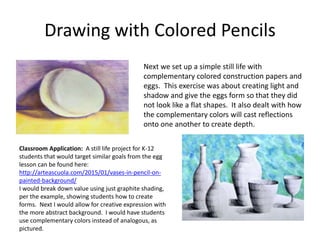 Drawing with Colored Pencils
Next we set up a simple still life with
complementary colored construction papers and
eggs. This exercise was about creating light and
shadow and give the eggs form so that they did
not look like a flat shapes. It also dealt with how
the complementary colors will cast reflections
onto one another to create depth.
Classroom Application: A still life project for K-12
students that would target similar goals from the egg
lesson can be found here:
http://arteascuola.com/2015/01/vases-in-pencil-on-
painted-background/
I would break down value using just graphite shading,
per the example, showing students how to create
forms. Next I would allow for creative expression with
the more abstract background. I would have students
use complementary colors instead of analogous, as
pictured.
 
