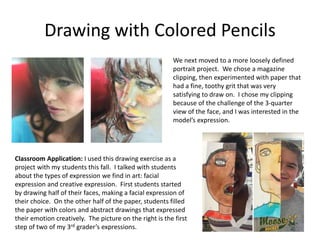 Drawing with Colored Pencils
We next moved to a more loosely defined
portrait project. We chose a magazine
clipping, then experimented with paper that
had a fine, toothy grit that was very
satisfying to draw on. I chose my clipping
because of the challenge of the 3-quarter
view of the face, and I was interested in the
model’s expression.
Classroom Application: I used this drawing exercise as a
project with my students this fall. I talked with students
about the types of expression we find in art: facial
expression and creative expression. First students started
by drawing half of their faces, making a facial expression of
their choice. On the other half of the paper, students filled
the paper with colors and abstract drawings that expressed
their emotion creatively. The picture on the right is the first
step of two of my 3rd grader’s expressions.
 