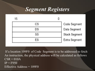 Segment Registers
If a location 109F0 of Code Segment is to be addressed to fetch
An instruction, the physical address will be calculated as follows
CSR = 010A
IP = F950
Effective Address = 109F0
 