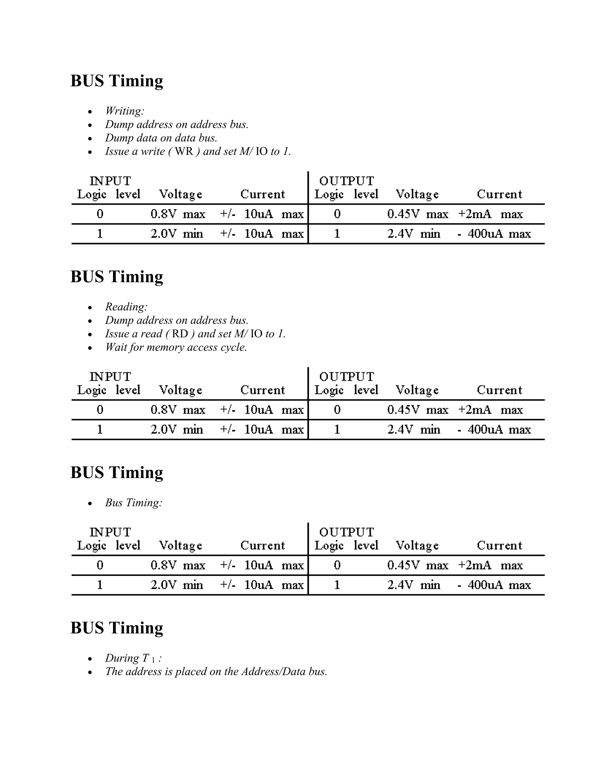 BUS Timing
 Writing:
 Dump address on address bus.
 Dump data on data bus.
 Issue a write ( WR ) and set M/ IO to 1.
BUS Timing
 Reading:
 Dump address on address bus.
 Issue a read ( RD ) and set M/ IO to 1.
 Wait for memory access cycle.
BUS Timing
 Bus Timing:
BUS Timing
 During T 1 :
 The address is placed on the Address/Data bus.
 