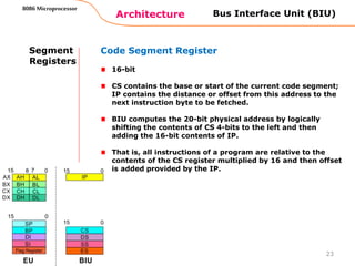 Architecture
8086 Microprocessor
23
Bus Interface Unit (BIU)
Segment
Registers
Code Segment Register
16-bit
CS contains the base or start of the current code segment;
IP contains the distance or offset from this address to the
next instruction byte to be fetched.
BIU computes the 20-bit physical address by logically
shifting the contents of CS 4-bits to the left and then
adding the 16-bit contents of IP.
That is, all instructions of a program are relative to the
contents of the CS register multiplied by 16 and then offset
is added provided by the IP.
 
