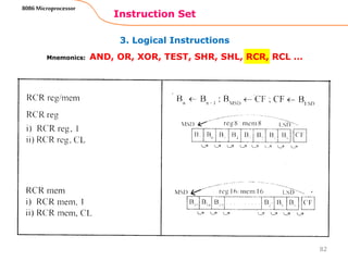 3. Logical Instructions
Instruction Set
82
8086 Microprocessor
Mnemonics: AND, OR, XOR, TEST, SHR, SHL, RCR, RCL …
 