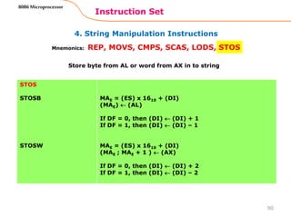 4. String Manipulation Instructions
Instruction Set
90
8086 Microprocessor
Mnemonics: REP, MOVS, CMPS, SCAS, LODS, STOS
STOS
STOSB
STOSW
MAE = (ES) x 1610 + (DI)
(MAE)  (AL)
If DF = 0, then (DI)  (DI) + 1
If DF = 1, then (DI)  (DI) – 1
MAE = (ES) x 1610 + (DI)
(MAE ; MAE + 1 )  (AX)
If DF = 0, then (DI)  (DI) + 2
If DF = 1, then (DI)  (DI) – 2
Store byte from AL or word from AX in to string
 