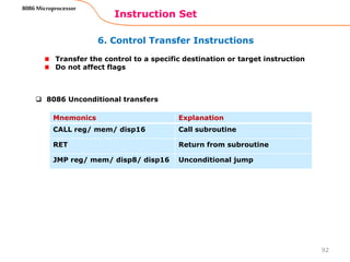 6. Control Transfer Instructions
Instruction Set
92
8086 Microprocessor
Transfer the control to a specific destination or target instruction
Do not affect flags
Mnemonics Explanation
CALL reg/ mem/ disp16 Call subroutine
RET Return from subroutine
JMP reg/ mem/ disp8/ disp16 Unconditional jump
 8086 Unconditional transfers
 