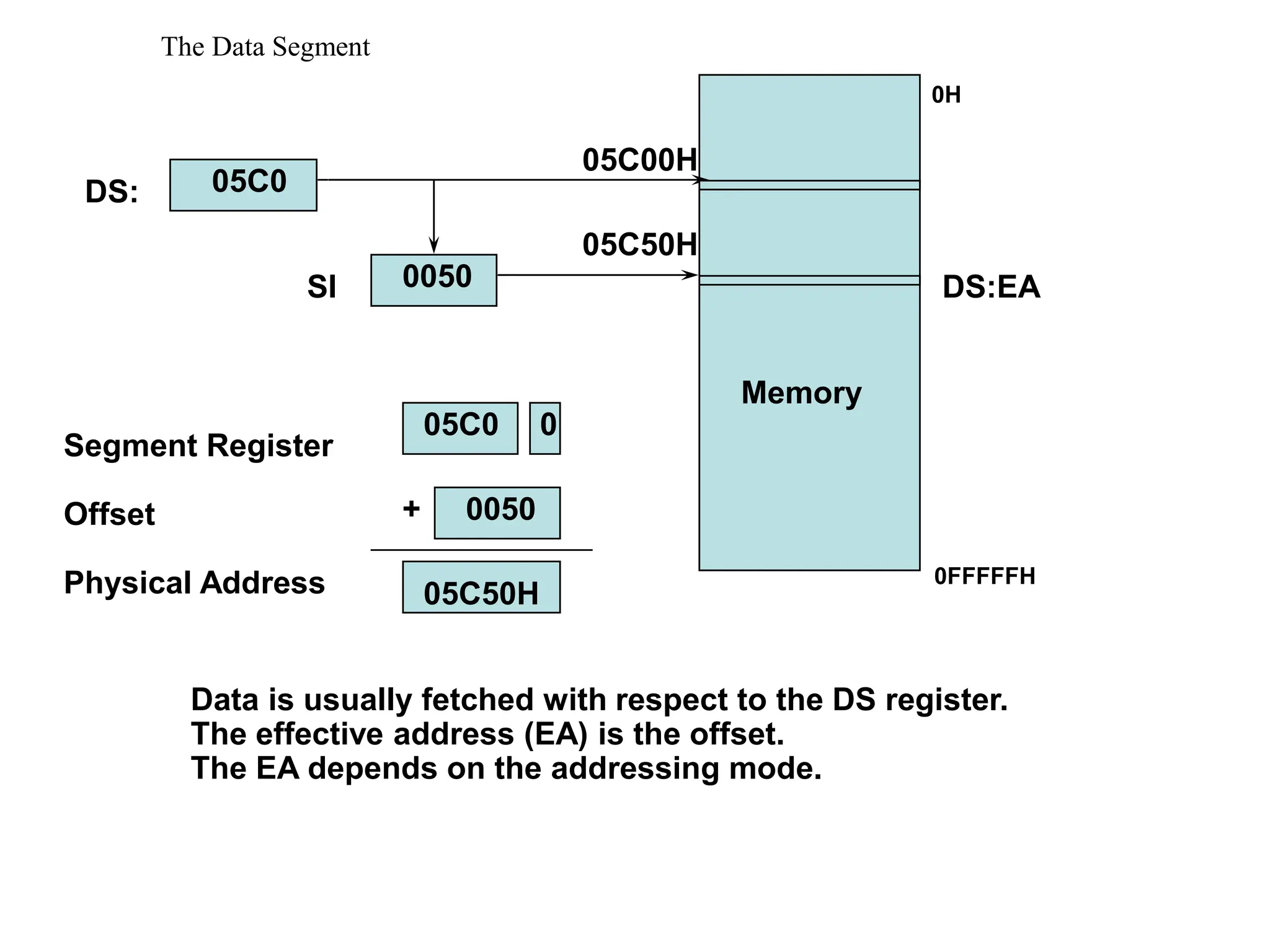 The Data Segment
Memory
Segment Register
Offset
Physical Address
+
DS:
SI
05C0
0050
05C00H
05C50H
05C0 0
0050
05C50H
Data is usually fetched with respect to the DS register.
The effective address (EA) is the offset.
The EA depends on the addressing mode.
DS:EA
0H
0FFFFFH
 
