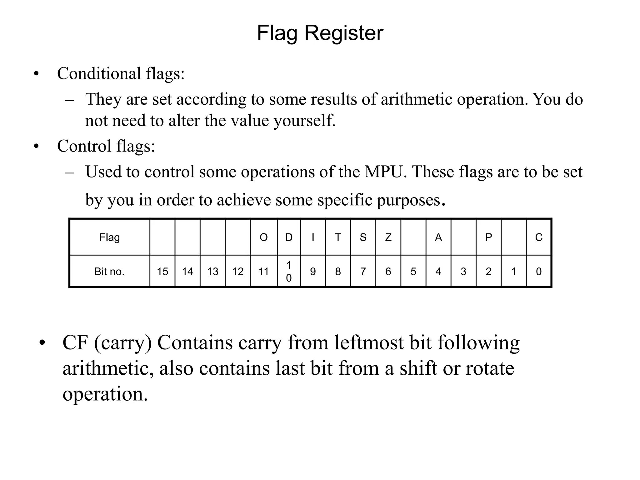 • CF (carry) Contains carry from leftmost bit following
arithmetic, also contains last bit from a shift or rotate
operation.
Flag Register
Flag O D I T S Z A P C
Bit no. 15 14 13 12 11
1
0
9 8 7 6 5 4 3 2 1 0
• Conditional flags:
– They are set according to some results of arithmetic operation. You do
not need to alter the value yourself.
• Control flags:
– Used to control some operations of the MPU. These flags are to be set
by you in order to achieve some specific purposes.
 