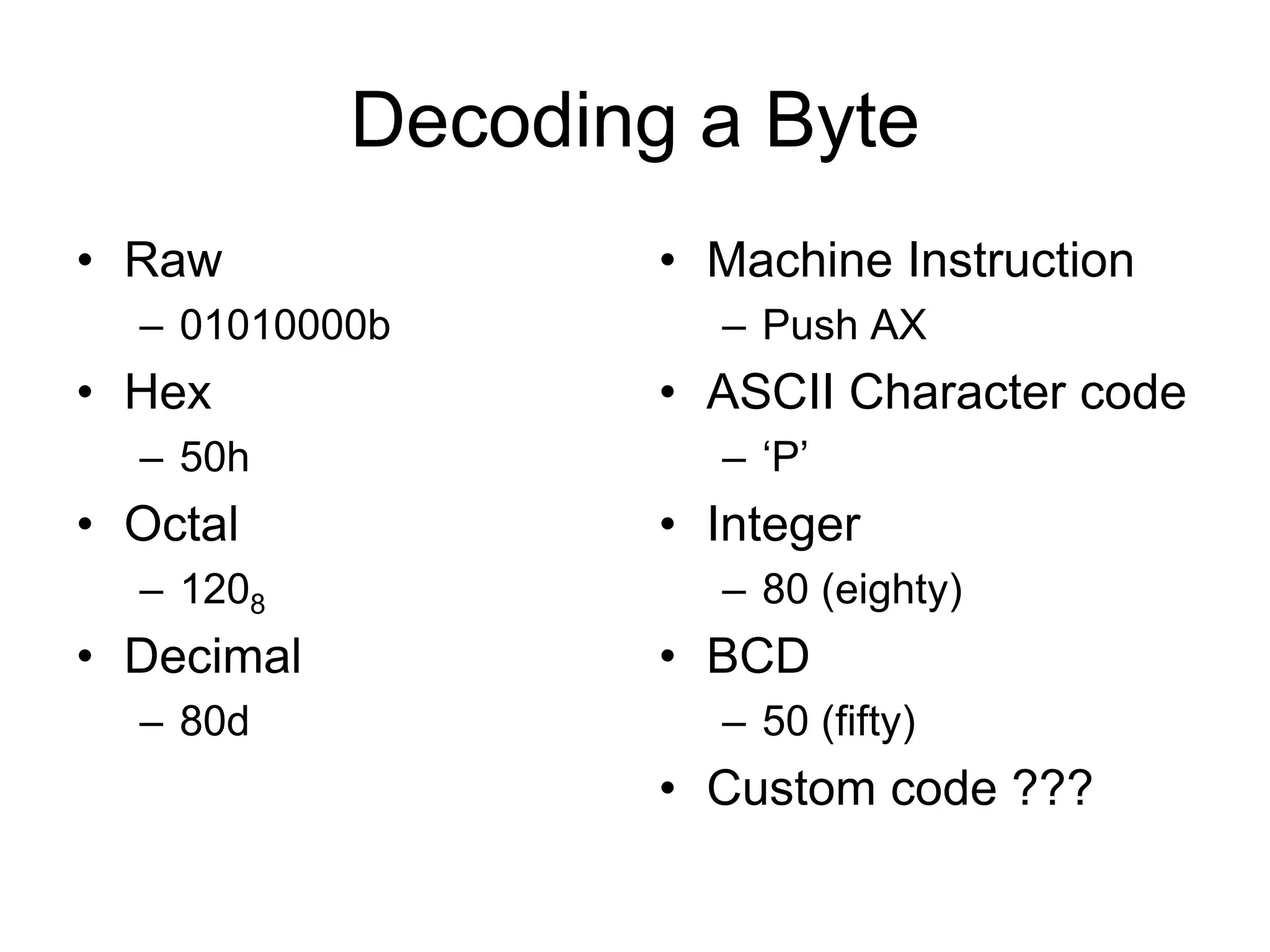 Decoding a Byte
• Raw
– 01010000b
• Hex
– 50h
• Octal
– 1208
• Decimal
– 80d
• Machine Instruction
– Push AX
• ASCII Character code
– ‘P’
• Integer
– 80 (eighty)
• BCD
– 50 (fifty)
• Custom code ???
 
