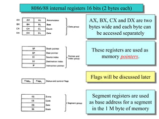8086/88 internal registers 16 bits (2 bytes each)
AX, BX, CX and DX are two
bytes wide and each byte can
be accessed separately
These registers are used as
memory pointers.
Flags will be discussed later
Segment registers are used
as base address for a segment
in the 1 M byte of memory
 