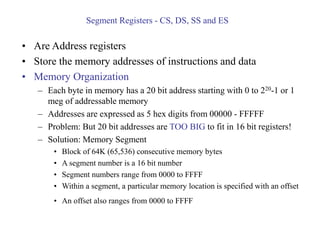 Segment Registers - CS, DS, SS and ES
• Are Address registers
• Store the memory addresses of instructions and data
• Memory Organization
– Each byte in memory has a 20 bit address starting with 0 to 220-1 or 1
meg of addressable memory
– Addresses are expressed as 5 hex digits from 00000 - FFFFF
– Problem: But 20 bit addresses are TOO BIG to fit in 16 bit registers!
– Solution: Memory Segment
• Block of 64K (65,536) consecutive memory bytes
• A segment number is a 16 bit number
• Segment numbers range from 0000 to FFFF
• Within a segment, a particular memory location is specified with an offset
• An offset also ranges from 0000 to FFFF
 