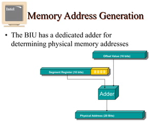 Memory Address Generation
• The BIU has a dedicated adder for
determining physical memory addresses
Intel
Physical Address (20 Bits)
Adder
Segment Register (16 bits) 0 0 0 0
Offset Value (16 bits)
 