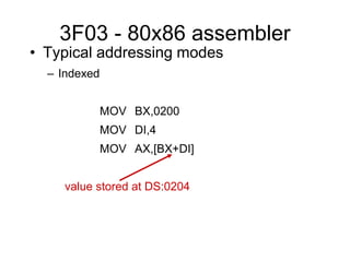 3F03 - 80x86 assembler
• Typical addressing modes
– Indexed
MOV BX,0200
MOV DI,4
MOV AX,[BX+DI]
value stored at DS:0204
 