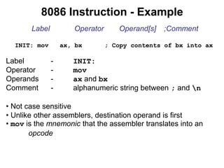 8086 Instruction - Example
Label Operator Operand[s] ;Comment
INIT: mov ax, bx ; Copy contents of bx into ax
Label - INIT:
Operator - mov
Operands - ax and bx
Comment - alphanumeric string between ; and n
• Not case sensitive
• Unlike other assemblers, destination operand is first
• mov is the mnemonic that the assembler translates into an
opcode
 