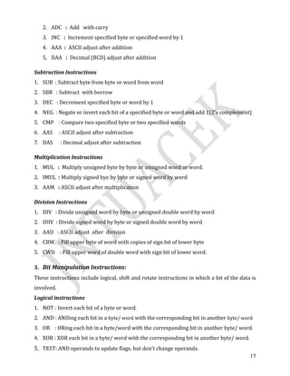 15
2. ADC : Add with carry
3. INC : Increment specified byte or specified word by 1
4. AAA : ASCII adjust after addition
5. DAA : Decimal (BCD) adjust after addition
Subtraction Instructions
1. SUB : Subtract byte from byte or word from word
2. SBB : Subtract with borrow
3. DEC : Decrement specified byte or word by 1
4. NEG : Negate or invert each bit of a specified byte or word and add 1(2’s complement)
5. CMP : Compare two specified byte or two specified words
6. AAS : ASCII adjust after subtraction
7. DAS : Decimal adjust after subtraction
Multiplication Instructions
1. MUL : Multiply unsigned byte by byte or unsigned word or word.
2. IMUL : Multiply signed bye by byte or signed word by word
3. AAM : ASCII adjust after multiplication
Division Instructions
1. DIV : Divide unsigned word by byte or unsigned double word by word
2. IDIV : Divide signed word by byte or signed double word by word
3. AAD : ASCII adjust after division
4. CBW : Fill upper byte of word with copies of sign bit of lower byte
5. CWD : Fill upper word of double word with sign bit of lower word.
3. Bit Manipulation Instructions:
These instructions include logical, shift and rotate instructions in which a bit of the data is
involved.
Logical instructions
1. NOT : Invert each bit of a byte or word.
2. AND : ANDing each bit in a byte/ word with the corresponding bit in another byte/ word
3. OR : ORing each bit in a byte/word with the corresponding bit in another byte/ word.
4. XOR : XOR each bit in a byte/ word with the corresponding bit in another byte/ word.
5. TEST: AND operands to update flags, but don’t change operands.
 