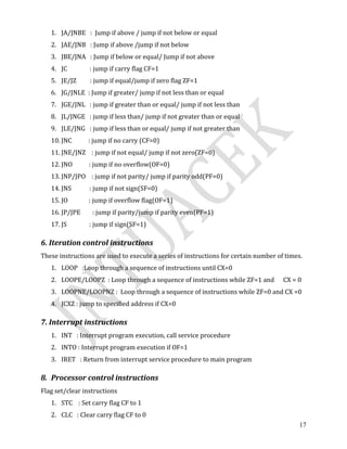 17
1. JA/JNBE : Jump if above / jump if not below or equal
2. JAE/JNB : Jump if above /jump if not below
3. JBE/JNA : Jump if below or equal/ Jump if not above
4. JC : jump if carry flag CF=1
5. JE/JZ : jump if equal/jump if zero flag ZF=1
6. JG/JNLE : Jump if greater/ jump if not less than or equal
7. JGE/JNL : jump if greater than or equal/ jump if not less than
8. JL/JNGE : jump if less than/ jump if not greater than or equal
9. JLE/JNG : jump if less than or equal/ jump if not greater than
10. JNC : jump if no carry (CF=0)
11. JNE/JNZ : jump if not equal/ jump if not zero(ZF=0)
12. JNO : jump if no overflow(OF=0)
13. JNP/JPO : jump if not parity/ jump if parity odd(PF=0)
14. JNS : jump if not sign(SF=0)
15. JO : jump if overflow flag(OF=1)
16. JP/JPE : jump if parity/jump if parity even(PF=1)
17. JS : jump if sign(SF=1)
6. Iteration control instructions
These instructions are used to execute a series of instructions for certain number of times.
1. LOOP :Loop through a sequence of instructions until CX=0
2. LOOPE/LOOPZ : Loop through a sequence of instructions while ZF=1 and CX = 0
3. LOOPNE/LOOPNZ : Loop through a sequence of instructions while ZF=0 and CX =0
4. JCXZ : jump to specified address if CX=0
7. Interrupt instructions
1. INT : Interrupt program execution, call service procedure
2. INTO : Interrupt program execution if OF=1
3. IRET : Return from interrupt service procedure to main program
8. Processor control instructions
Flag set/clear instructions
1. STC : Set carry flag CF to 1
2. CLC : Clear carry flag CF to 0
 