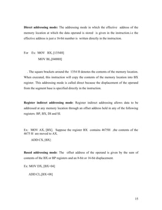 Direct addressing mode: The addressing mode in which the effective address of the
memory location at which the data operand is stored is given in the instruction.i.e the
effective address is just a 16-bit number is written directly in the instruction.



For    Ex: MOV BX, [1354H]
           MOV BL,[0400H]


  . The square brackets around the 1354 H denotes the contents of the memory location.
When executed, this instruction will copy the contents of the memory location into BX
register. This addressing mode is called direct because the displacement of the operand
from the segment base is specified directly in the instruction.



Register indirect addressing mode: Register indirect addressing allows data to be
addressed at any memory location through an offset address held in any of the following
registers: BP, BX, DI and SI.




Ex: MOV AX, [BX]. Suppose the register BX contains 4675H ,the contents of the
4675 H are moved to AX.
       ADD CX,{BX}


Based addressing mode: The offset address of the operand is given by the sum of
contents of the BX or BP registers and an 8-bit or 16-bit displacement.

Ex: MOV DX, [BX+04]

      ADD CL,[BX+08]




                                                                                    15
 