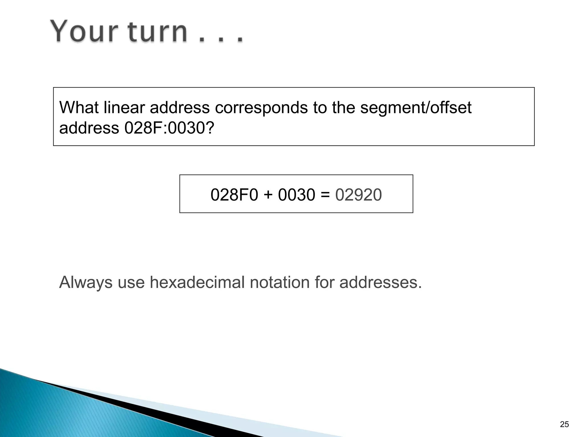 25
What linear address corresponds to the segment/offset
address 028F:0030?
028F0 + 0030 = 02920
Always use hexadecimal notation for addresses.
 