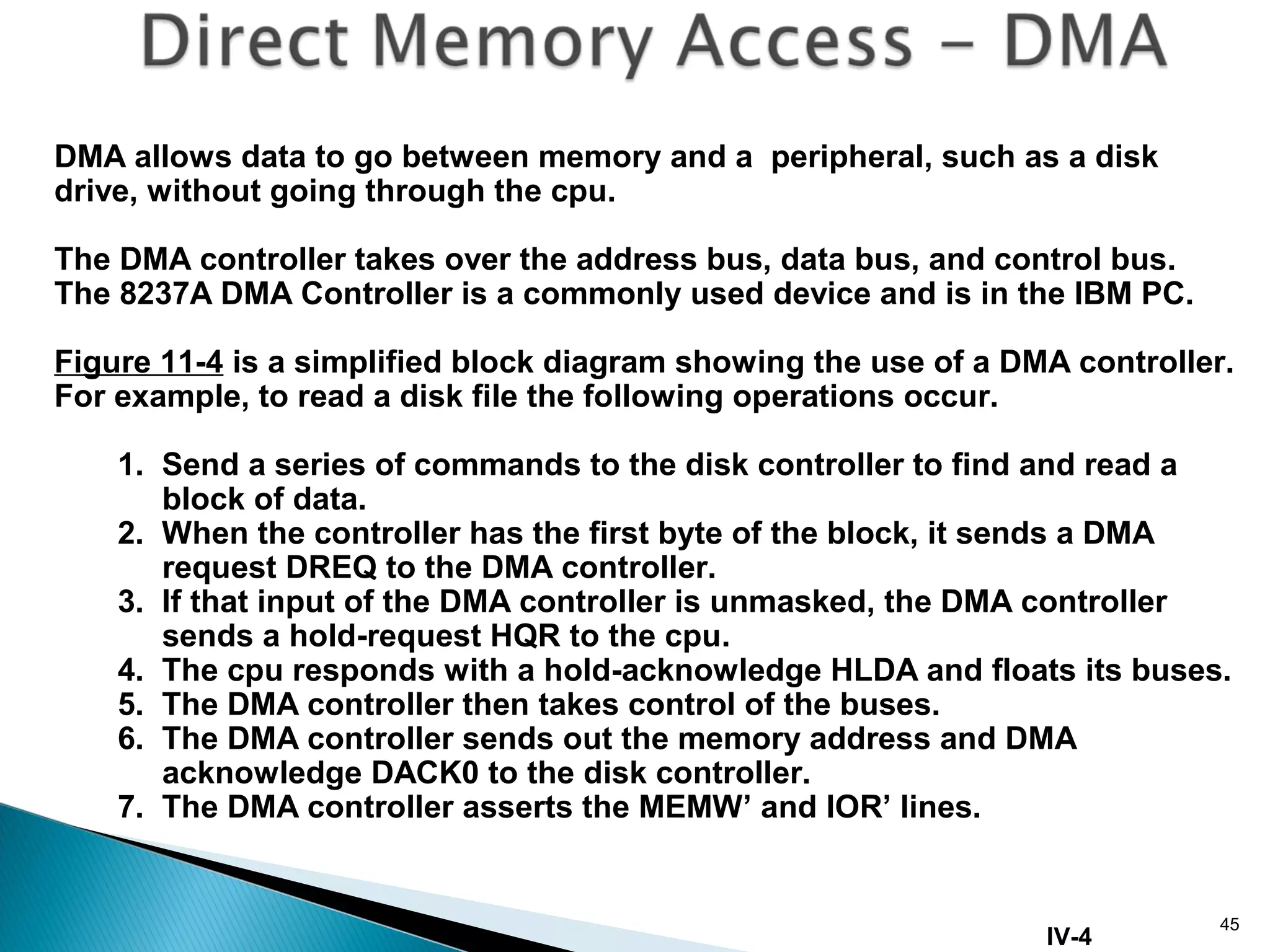 45
DMA allows data to go between memory and a peripheral, such as a disk
drive, without going through the cpu.
The DMA controller takes over the address bus, data bus, and control bus.
The 8237A DMA Controller is a commonly used device and is in the IBM PC.
Figure 11-4 is a simplified block diagram showing the use of a DMA controller.
For example, to read a disk file the following operations occur.
1. Send a series of commands to the disk controller to find and read a
block of data.
2. When the controller has the first byte of the block, it sends a DMA
request DREQ to the DMA controller.
3. If that input of the DMA controller is unmasked, the DMA controller
sends a hold-request HQR to the cpu.
4. The cpu responds with a hold-acknowledge HLDA and floats its buses.
5. The DMA controller then takes control of the buses.
6. The DMA controller sends out the memory address and DMA
acknowledge DACK0 to the disk controller.
7. The DMA controller asserts the MEMW’ and IOR’ lines.
IV-4
 