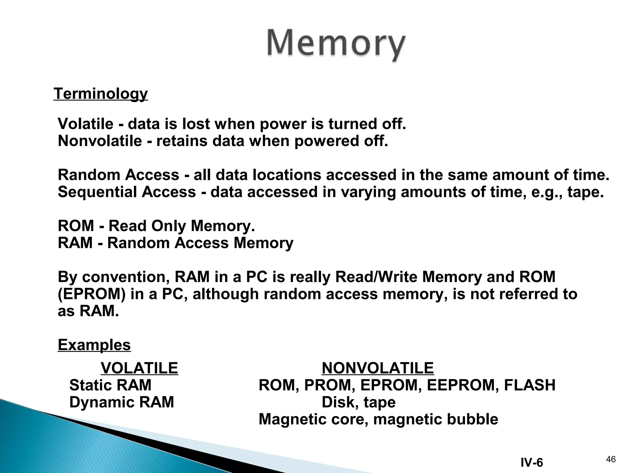 46
IV-6
Terminology
Volatile - data is lost when power is turned off.
Nonvolatile - retains data when powered off.
Random Access - all data locations accessed in the same amount of time.
Sequential Access - data accessed in varying amounts of time, e.g., tape.
ROM - Read Only Memory.
RAM - Random Access Memory
By convention, RAM in a PC is really Read/Write Memory and ROM
(EPROM) in a PC, although random access memory, is not referred to
as RAM.
Examples
VOLATILE NONVOLATILE
Static RAM ROM, PROM, EPROM, EEPROM, FLASH
Dynamic RAM Disk, tape
Magnetic core, magnetic bubble
 