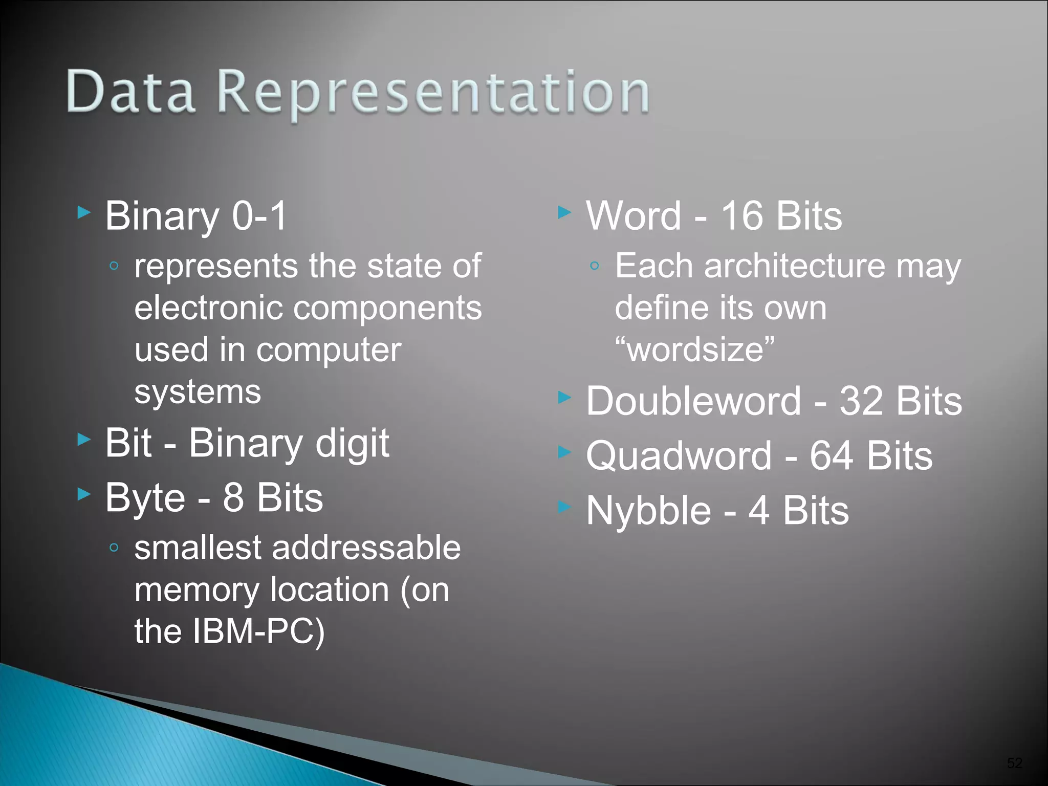  Binary 0-1
◦ represents the state of
electronic components
used in computer
systems
 Bit - Binary digit
 Byte - 8 Bits
◦ smallest addressable
memory location (on
the IBM-PC)
 Word - 16 Bits
◦ Each architecture may
define its own
“wordsize”
 Doubleword - 32 Bits
 Quadword - 64 Bits
 Nybble - 4 Bits
52
 