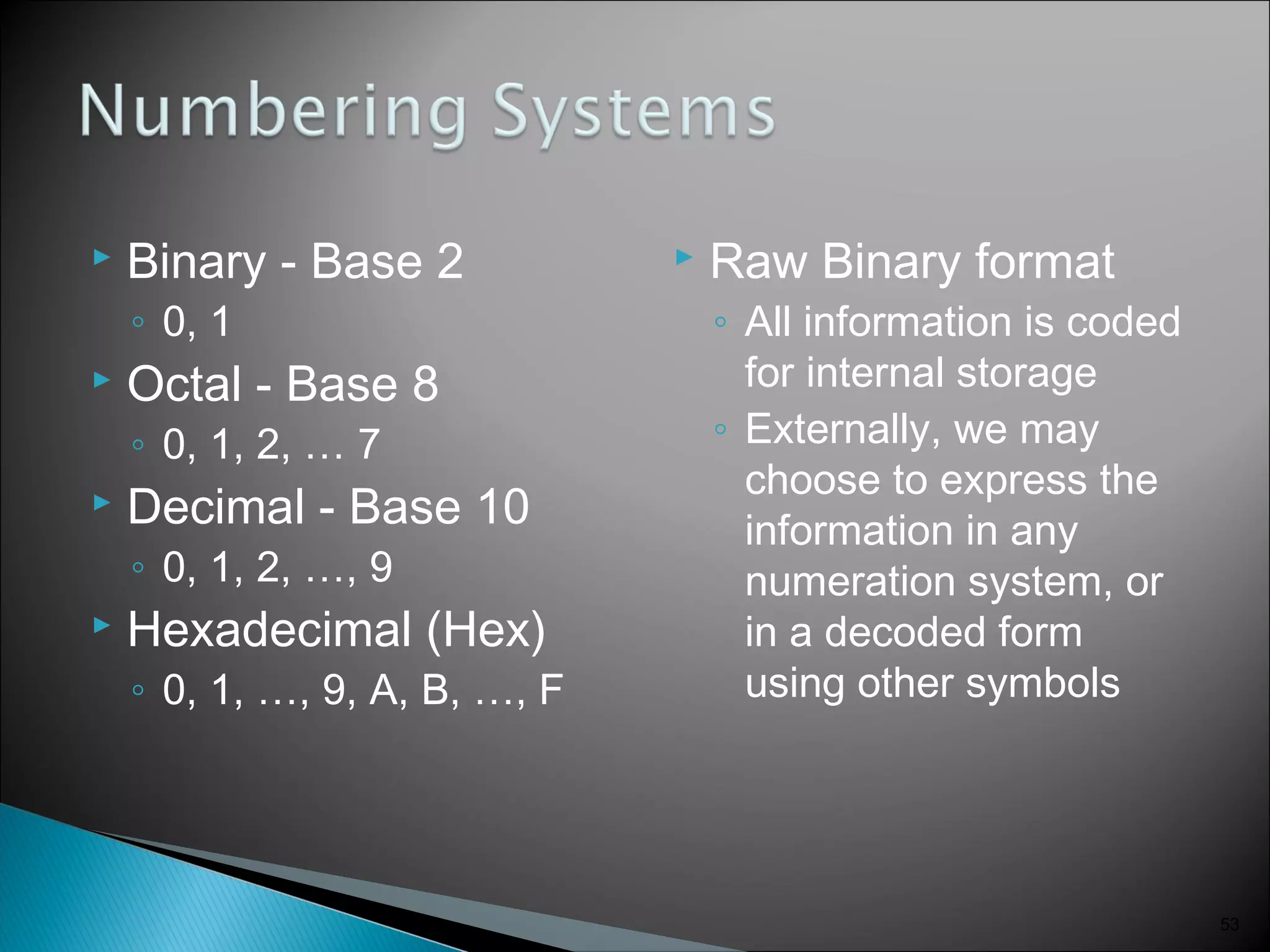  Binary - Base 2
◦ 0, 1
 Octal - Base 8
◦ 0, 1, 2, … 7
 Decimal - Base 10
◦ 0, 1, 2, …, 9
 Hexadecimal (Hex)
◦ 0, 1, …, 9, A, B, …, F
 Raw Binary format
◦ All information is coded
for internal storage
◦ Externally, we may
choose to express the
information in any
numeration system, or
in a decoded form
using other symbols
53
 