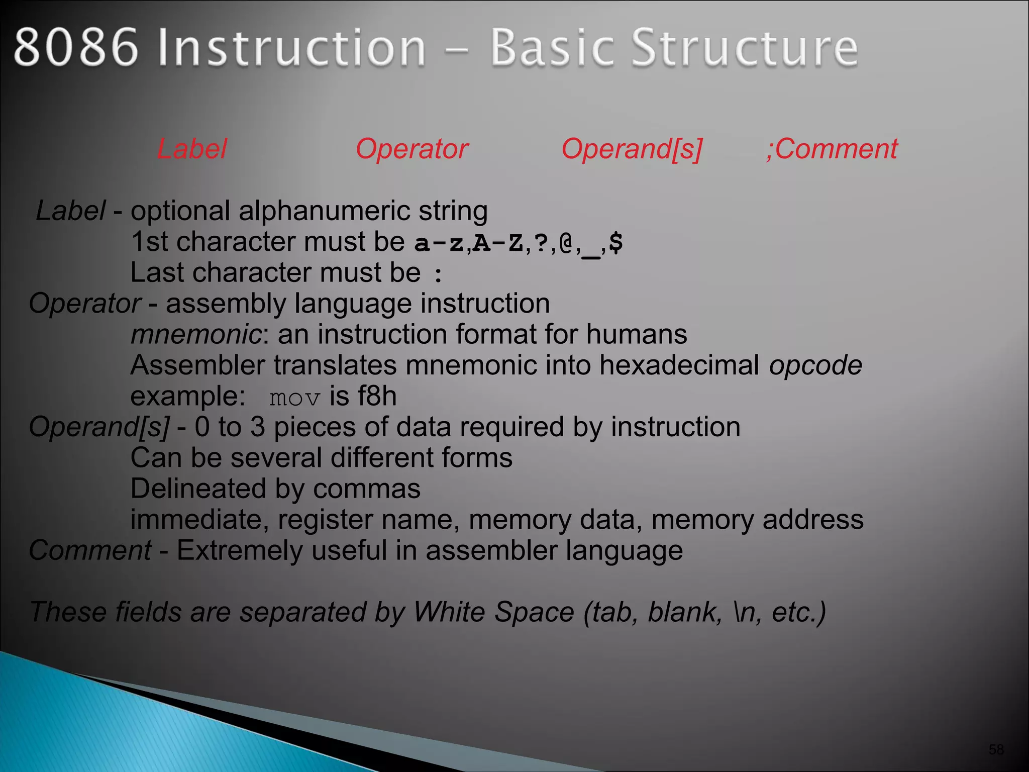 58
Label Operator Operand[s] ;Comment
Label - optional alphanumeric string
1st character must be a-z,A-Z,?,@,_,$
Last character must be :
Operator - assembly language instruction
mnemonic: an instruction format for humans
Assembler translates mnemonic into hexadecimal opcode
example: mov is f8h
Operand[s] - 0 to 3 pieces of data required by instruction
Can be several different forms
Delineated by commas
immediate, register name, memory data, memory address
Comment - Extremely useful in assembler language
These fields are separated by White Space (tab, blank, n, etc.)
 