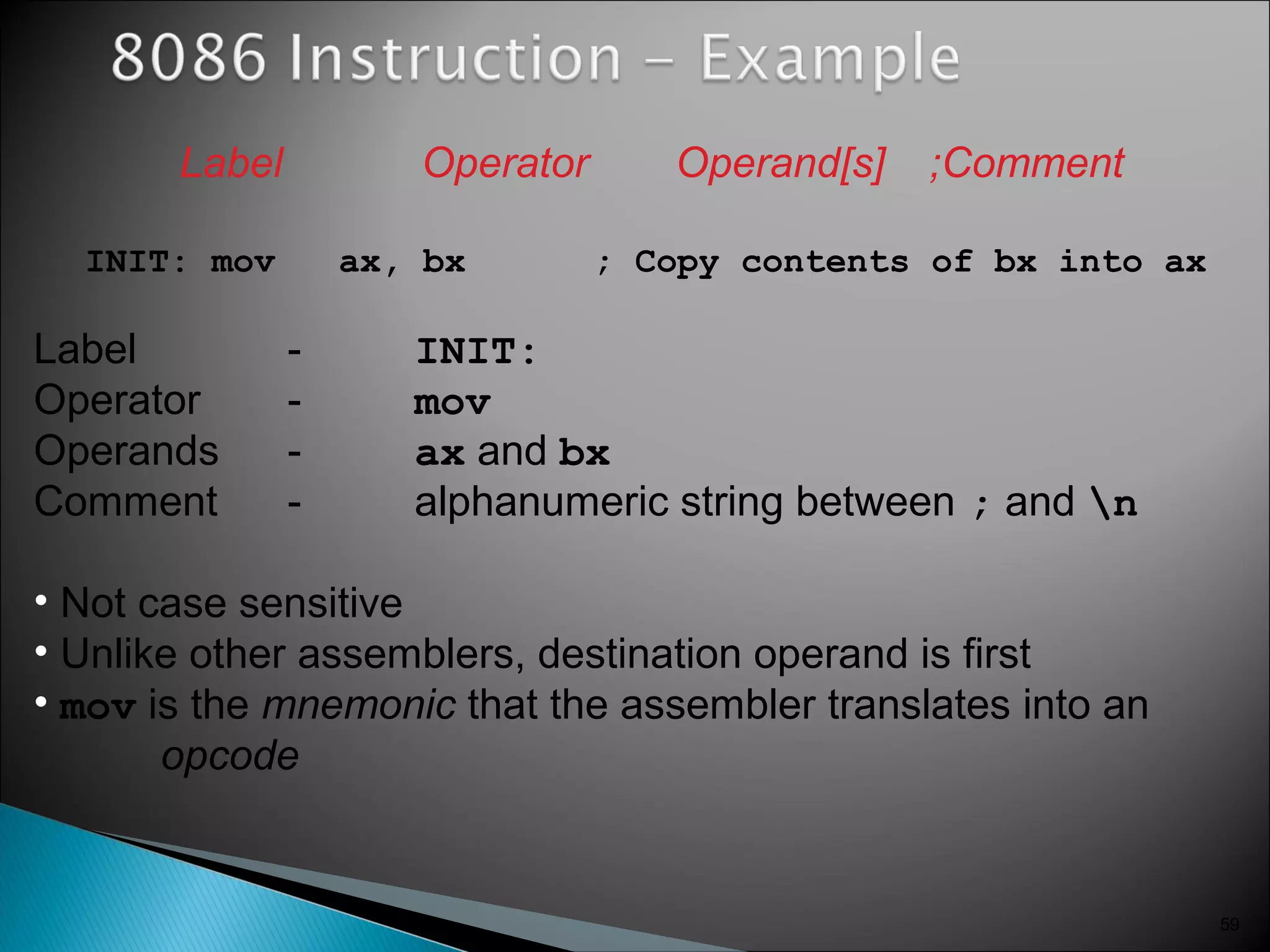 59
Label Operator Operand[s] ;Comment
INIT: mov ax, bx ; Copy contents of bx into ax
Label - INIT:
Operator - mov
Operands - ax and bx
Comment - alphanumeric string between ; and n
• Not case sensitive
• Unlike other assemblers, destination operand is first
• mov is the mnemonic that the assembler translates into an
opcode
 