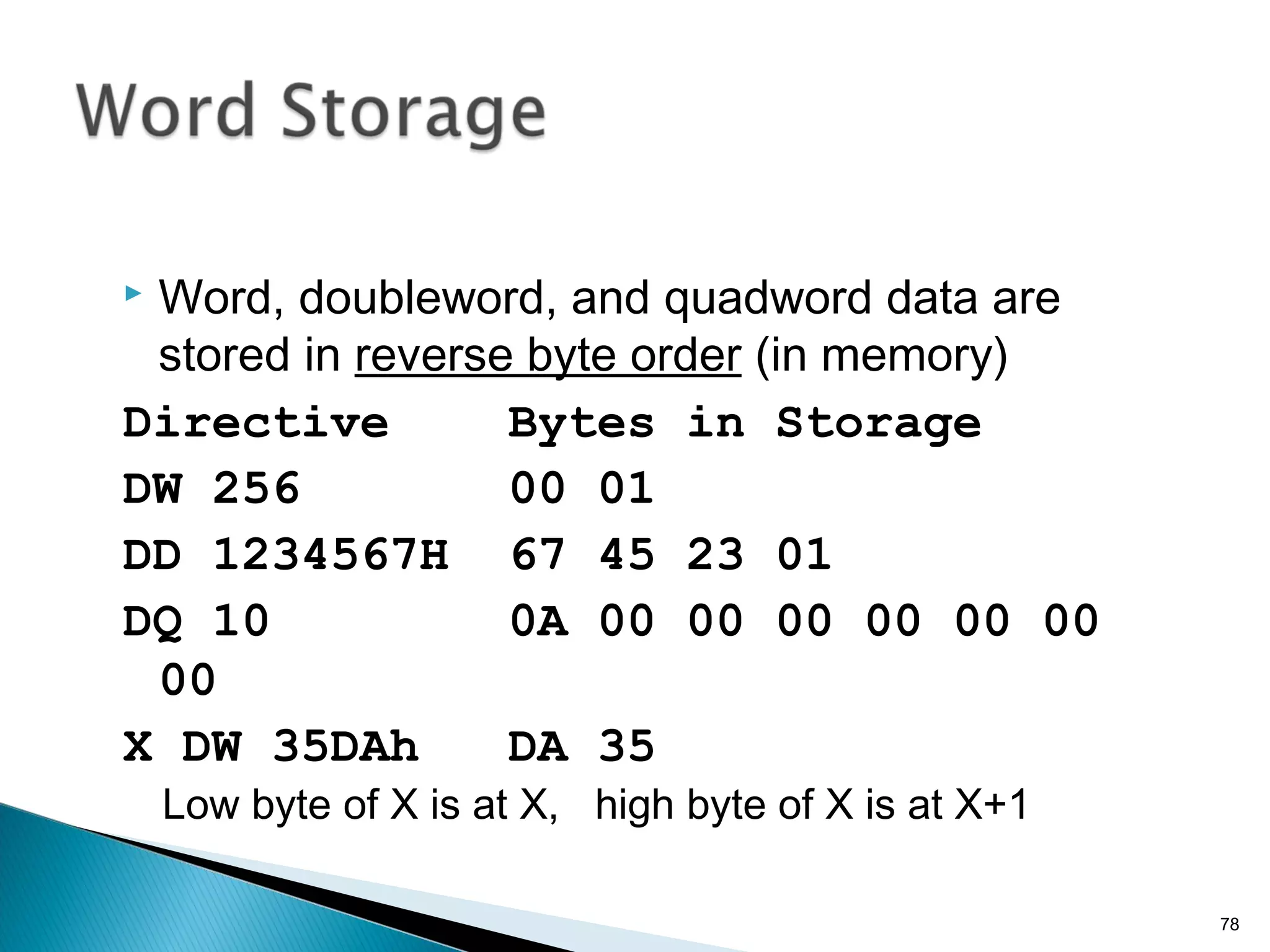  Word, doubleword, and quadword data are
stored in reverse byte order (in memory)
Directive Bytes in Storage
DW 256 00 01
DD 1234567H 67 45 23 01
DQ 10 0A 00 00 00 00 00 00
00
X DW 35DAh DA 35
Low byte of X is at X, high byte of X is at X+1
78
 