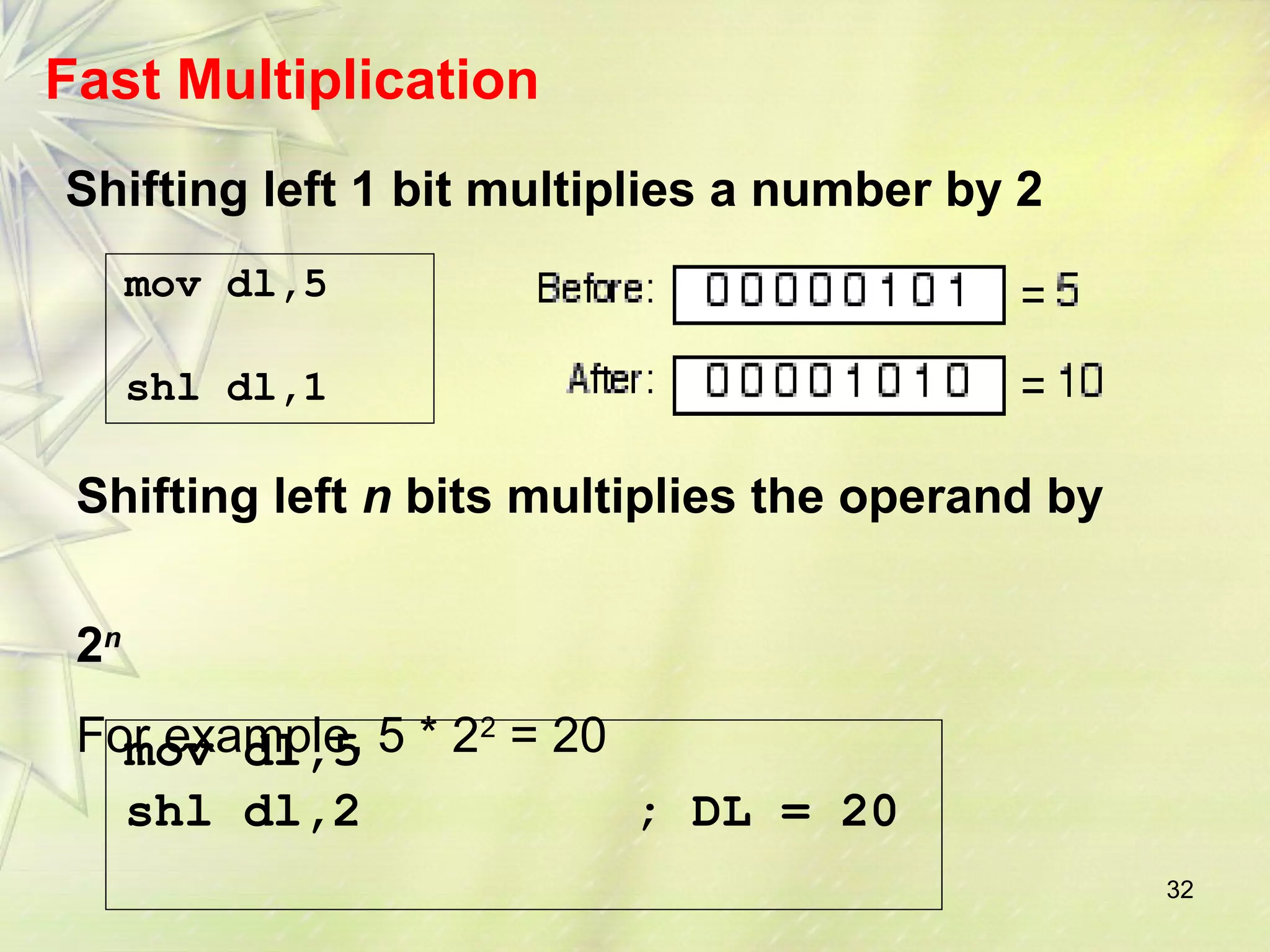 32 
Fast Multiplication 
Shifting left 1 bit multiplies a number by 2 
mov dl,5 
shl dl,1 
Shifting left n bits multiplies the operand by 
2n 
For example, 5 * 22 = 20 
mov dl,5 
shl dl,2 ; DL = 20 
 