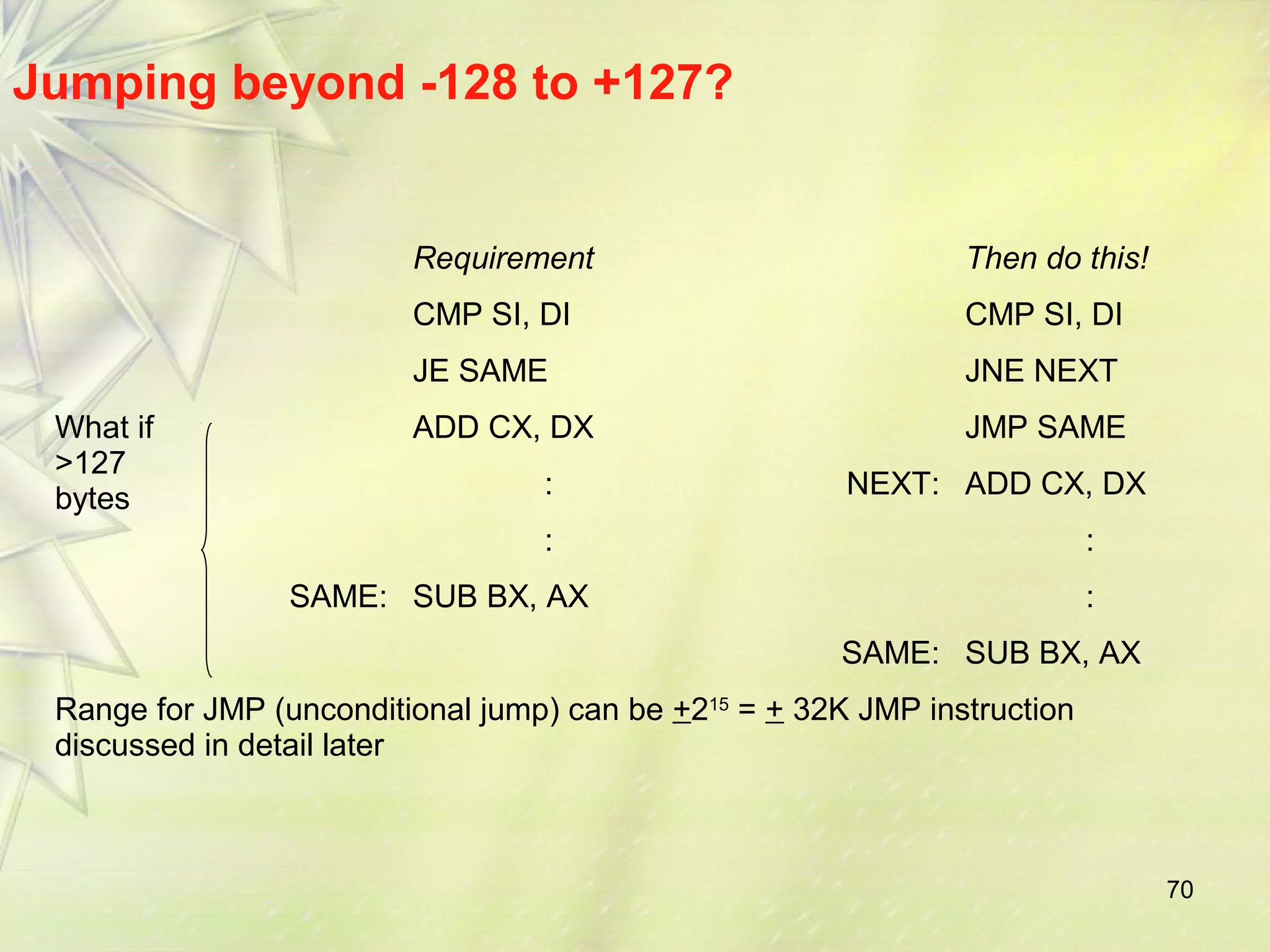 70 
Jumping beyond -128 to +127? 
Requirement Then do this! 
CMP SI, DI CMP SI, DI 
JE SAME JNE NEXT 
What if 
>127 
bytes 
ADD CX, DX JMP SAME 
: NEXT: ADD CX, DX 
: : 
SAME: SUB BX, AX : 
SAME: SUB BX, AX 
Range for JMP (unconditional jump) can be +215 = + 32K JMP instruction 
discussed in detail later 
 