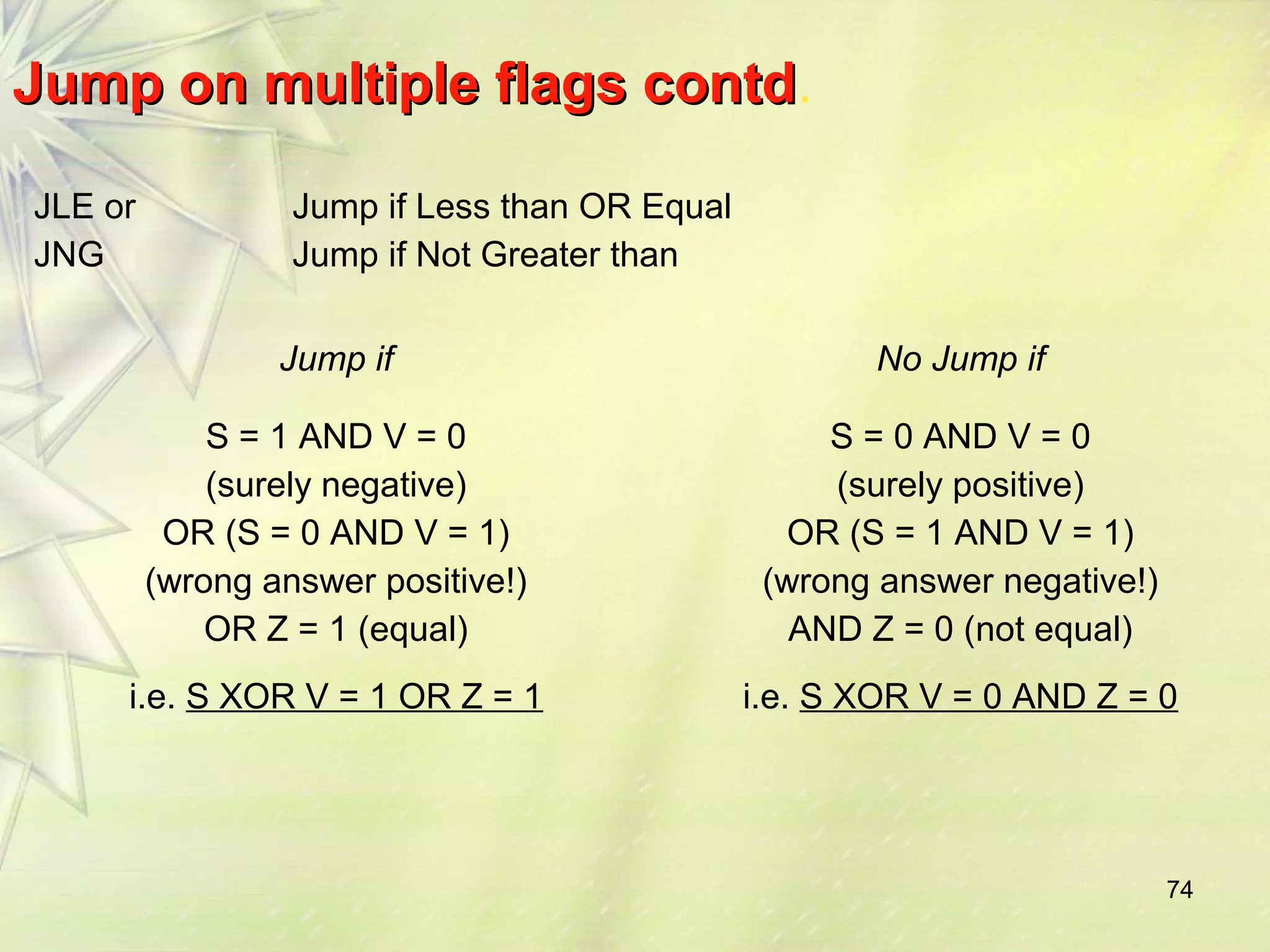 74 
JJuummpp oonn mmuullttiippllee ffllaaggss ccoonnttdd. 
JLE or 
JNG 
Jump if Less than OR Equal 
Jump if Not Greater than 
Jump if No Jump if 
S = 1 AND V = 0 
(surely negative) 
OR (S = 0 AND V = 1) 
(wrong answer positive!) 
OR Z = 1 (equal) 
i.e. S XOR V = 1 OR Z = 1 
S = 0 AND V = 0 
(surely positive) 
OR (S = 1 AND V = 1) 
(wrong answer negative!) 
AND Z = 0 (not equal) 
i.e. S XOR V = 0 AND Z = 0 
 