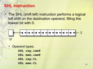 SHL Instruction 
• The SHL (shift left) instruction performs a logical 
left shift on the destination operand, filling the 
lowest bit with 0. 
31 
• Operand types: 
SHL reg,imm8 
SHL mem,imm8 
SHL reg,CL 
SHL mem,CL 
 