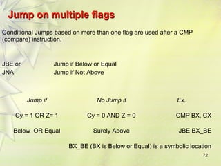 72 
JJuummpp oonn mmuullttiippllee ffllaaggss 
Conditional Jumps based on more than one flag are used after a CMP 
(compare) instruction. 
JBE or 
JNA 
Jump if Below or Equal 
Jump if Not Above 
Jump if No Jump if Ex. 
Cy = 1 OR Z= 1 Cy = 0 AND Z = 0 CMP BX, CX 
Below OR Equal Surely Above JBE BX_BE 
BX_BE (BX is Below or Equal) is a symbolic location 
 