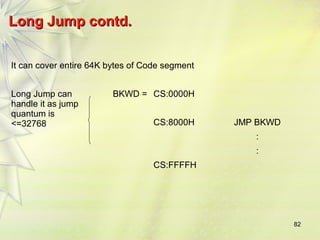 82 
LLoonngg JJuummpp ccoonnttdd.. 
It can cover entire 64K bytes of Code segment 
Long Jump can 
handle it as jump 
quantum is 
<=32768 
BKWD = CS:0000H 
CS:8000H JMP BKWD 
: 
: 
CS:FFFFH 
 