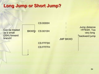 84 
LLoonngg JJuummpp oorr SShhoorrtt JJuummpp?? 
Can be treated 
as a small 
(20H) forward 
branch! 
CS:0000H : 
: Jump distance 
=FFE0H. Too 
very long 
backward jump 
BKWD= CS:0010H : 
: 
JMP BKWD 
CS:FFF0H 
CS:FFFFH 
 