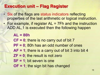 Execution unit – Flag Register
• Six of the flags are status indicators reflecting
properties of the last arithmetic or logical instruction.
• For example, if register AL = 7Fh and the instruction
ADD AL,1 is executed then the following happen
AL = 80h
CF = 0; there is no carry out of bit 7
PF = 0; 80h has an odd number of ones
AF = 1; there is a carry out of bit 3 into bit 4
ZF = 0; the result is not zero
SF = 1; bit seven is one
OF = 1; the sign bit has changed
15
 