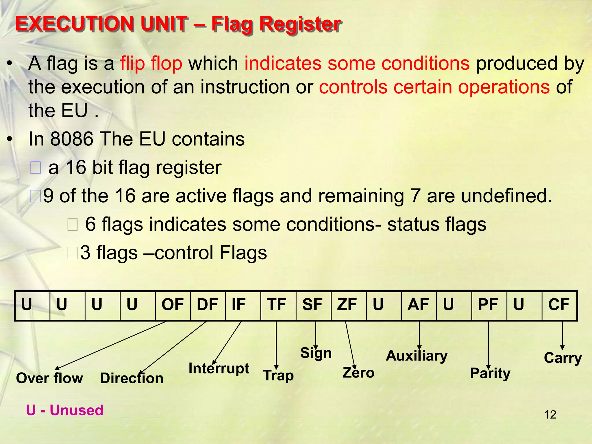 EXECUTION UNIT – Flag Register
• A flag is a flip flop which indicates some conditions produced by
  the execution of an instruction or controls certain operations of
  the EU .
• In 8086 The EU contains
  a 16 bit flag register
   of the 16 are active flags and remaining 7 are undefined.
    9
       6 flags indicates some conditions- status flags
        flags –control Flags
        3

 U    U      U   U   OF DF IF      TF SF ZF U              AF U      PF U    CF

                                          Sign          Auxiliary            Carry
                         Interrupt Trap          Zero               Parity
 Over flow   Direction

  U - Unused                                                                 12
 