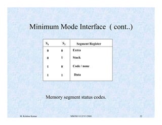 Minimum Mode Interface ( cont..) 
S4 S3 Segment Register 
0 0 
Extra 
0 1 
Stack 
1 0 
Code / none 
1 1 
Data 
Memory segment status codes. 
M. Krishna Kumar MM/M1/LU3/V1/2004 22 
 