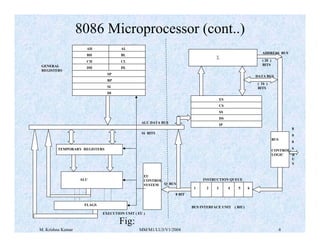 8086 Microprocessor (cont..) 
AH AL 
BH BL 
CH CL 
DH DL 
SP 
BP 
SI 
DI 
Σ 
ES 
CS 
SS 
DS 
IP 
1 
ADDRESS BUS 
( 20 ) 
BITS 
DATA BUS 
( 16 ) 
BITS 
BUS 
CONTROL 
LOGIC 
INSTRUCTION QUEUE 
ALU DATA BUS 
Q BUS 
16 BITS 
M. Krishna Kumar MM/M1/LU3/V1/2004 4 
8 
0 
8 
6 
B 
US 
2 3 4 5 6 
8 BIT 
EU 
CONTROL 
SYSTEM 
TEMPORARY REGISTERS 
ALU 
FLAGS 
GENERAL 
REGISTERS 
EXECUTION UNIT ( EU ) 
BUS INTERFACE UNIT ( BIU) 
Fig: 
 