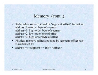 Memory (cont..) 
• 32-bit addresses are stored in "segment: offset" format as: 
address: low-order byte of segment 
address+1: high-order byte of segment 
address+2: low-order byte of offset 
address+3: high-order byte of offset 
• Physical memory address pointed by segment: offset pair 
is calculated as: 
• address = (<segment> * 16) + <offset> 
M. Krishna Kumar MM/M1/LU3/V1/2004 79 
 