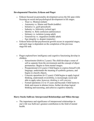 Developmental Theorists; Erikson and Piaget 
· Erikson focused on personality development across the life span while 
focusing on social and psychological development in life stages. 
o Trust vs. Mistrust (infant) 
o Autonomy vs. Shame and Doubt (toddler) 
o Initiative vs. guilt (preschool) 
o Industry vs. Inferiority (school age) 
o Identity vs. Role confusion (adolescence) 
o Intimacy vs. isolation (young adult) 
o Generativity vs. stagnation (middle adult) 
o Ego integrity vs. despair (maturity) 
· Erikson believed that psychosocial growth occurs in sequential stages, 
and each stage is dependent on the completion of the previous 
stage/life task. 
· Piaget explored how intelligence and cognitive functioning develop in 
children. 
o Sensorimotor (birth to 2 years): The child develops a sense of 
self as separate from the environment and the concept of object 
permanence. Begins to form mental images. 
o Preoperational (2-6 years): Child begins to express himself with 
language, understands the meaning of symbolic gestures, and 
begins to classify objects. 
o Concrete operations (6-12 years): Child begins to apply logical 
thinking, understands reversibility, is increasingly social and 
able to apply rules; however, thinking is still concrete. 
o Formal operations (12 to 15 years and beyond): Child learns to 
think and reason in abstract terms, further develops logical 
thinking and reasoning, and achieves cognitive maturity. 
Harry Stacks Sullivan: Interpersonal Relationships and Milieu therapy 
· The importance and significance of interpersonal relationships in 
one’s life was Sullivan’s greatest contribution to the field of mental 
health. 
 