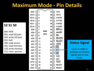 Maximum Mode - Pin Details
21
Status Signal
Inputs to 8288 to
generate eliminated
signals due to max
mode.
S2 S1 S0
000: INTA
001: read I/O port
010: write I/O port
011: halt
100: code access
101: read memory
110: write memory
111: none -passive
 