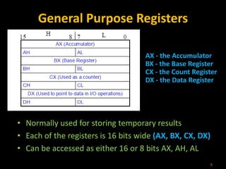General Purpose Registers
• Normally used for storing temporary results
• Each of the registers is 16 bits wide (AX, BX, CX, DX)
• Can be accessed as either 16 or 8 bits AX, AH, AL
4
AX - the Accumulator
BX - the Base Register
CX - the Count Register
DX - the Data Register
 